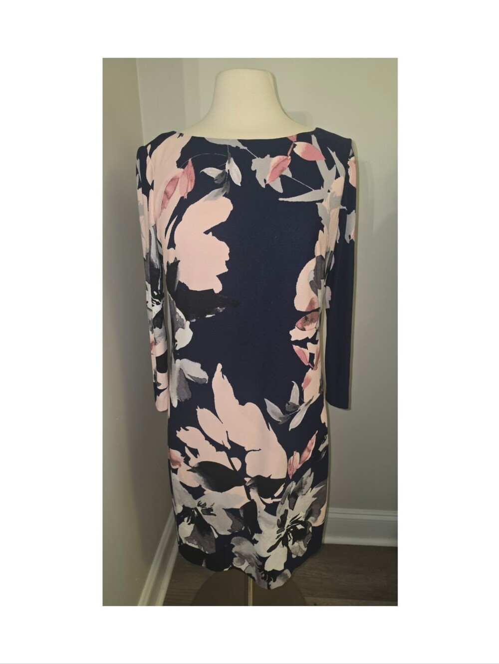 Vince Camuto Floral‑Print Crepe Sheath Dress Women’s 12 – Navy Blush Abstract